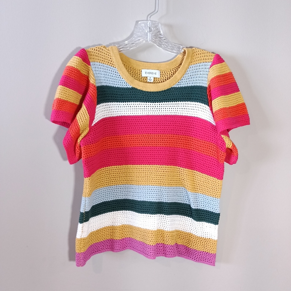 Evereve Haven Flutter Sleeve Sweater Open Knit Multi Stripe 100% Cotton Size M